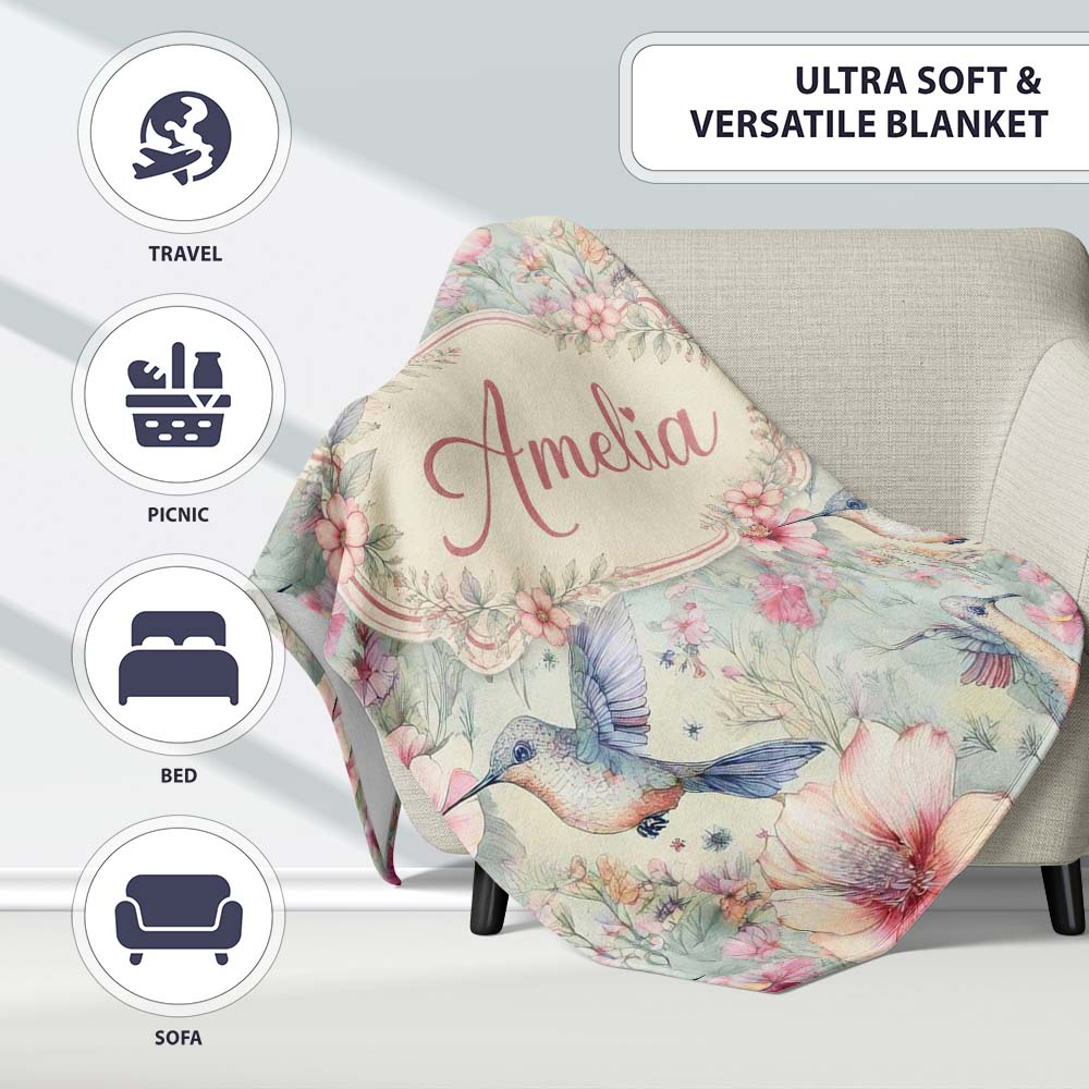 Pastel Hummingbird and Blossom Garden Seamless Pattern Name Cute Personalised Custom Name Super Soft Fleece Blanket Bed Sofa Throw