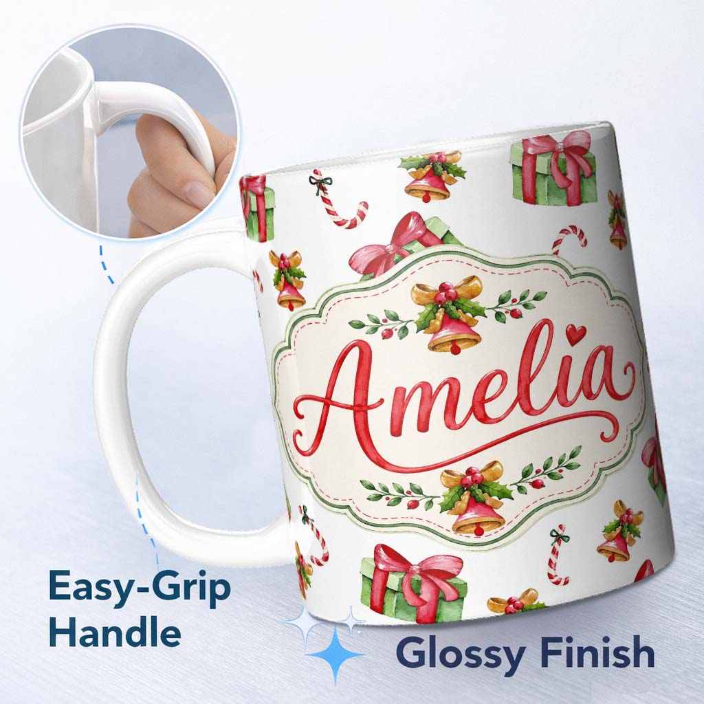 Personalized Custom Name Watercolor Christmas Gift Box Candy Cane Bell Seamless Pattern 11oz Ceramic Coffee Tea Mug White Large Handle