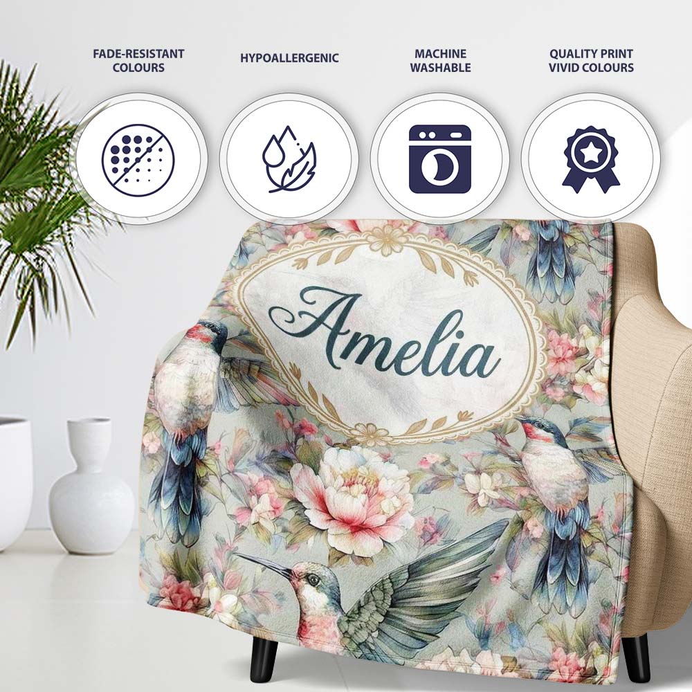 Vintage Hummingbird with Soft Floral Garden Seamless Pattern Name Personalised Custom Name Super Soft Fleece Blanket Bed Sofa Throw