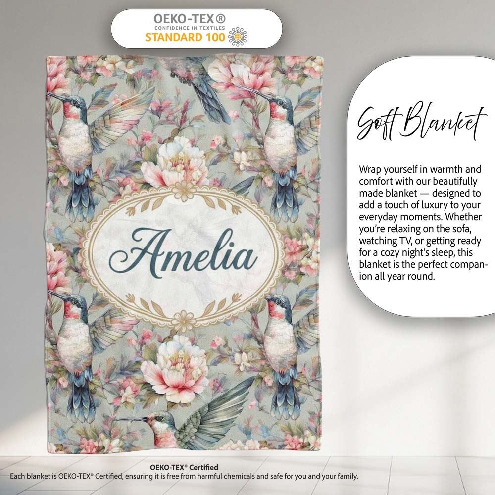 Vintage Hummingbird with Soft Floral Garden Seamless Pattern Name Personalised Custom Name Super Soft Fleece Blanket Bed Sofa Throw