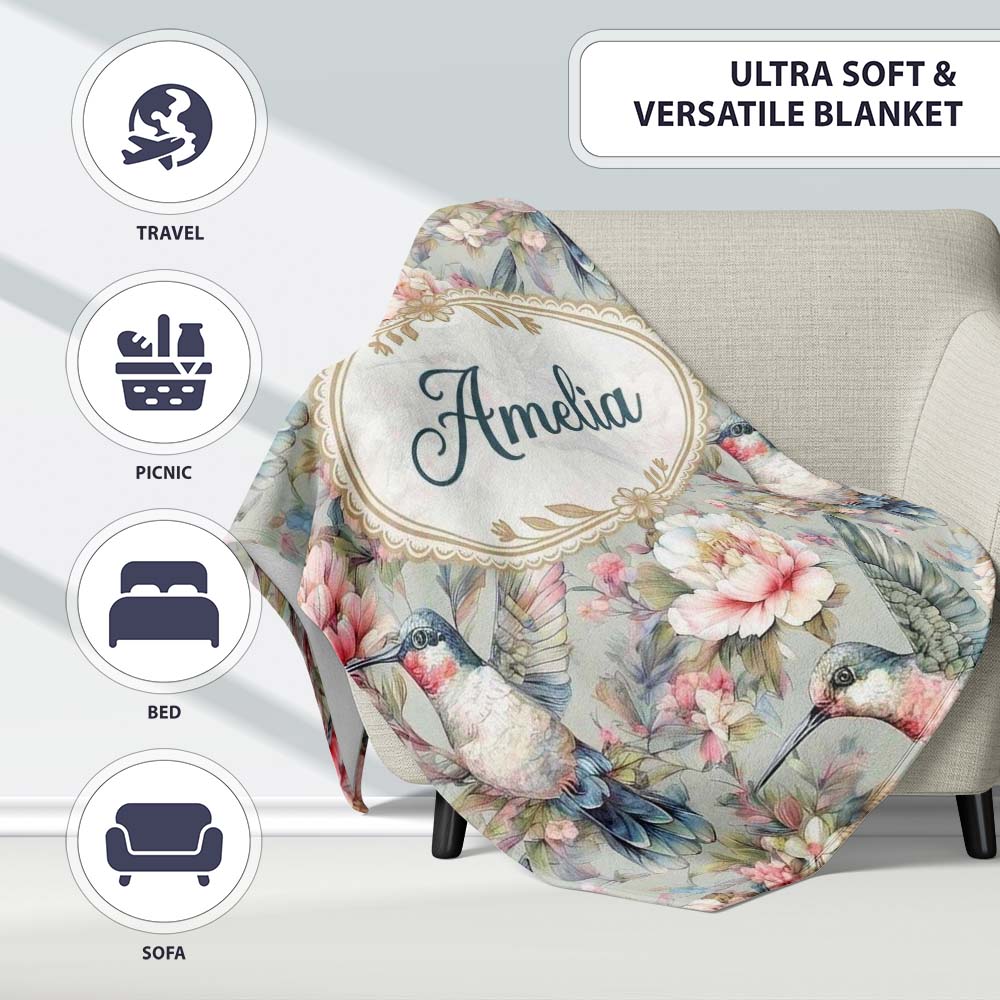 Vintage Hummingbird with Soft Floral Garden Seamless Pattern Name Personalised Custom Name Super Soft Fleece Blanket Bed Sofa Throw