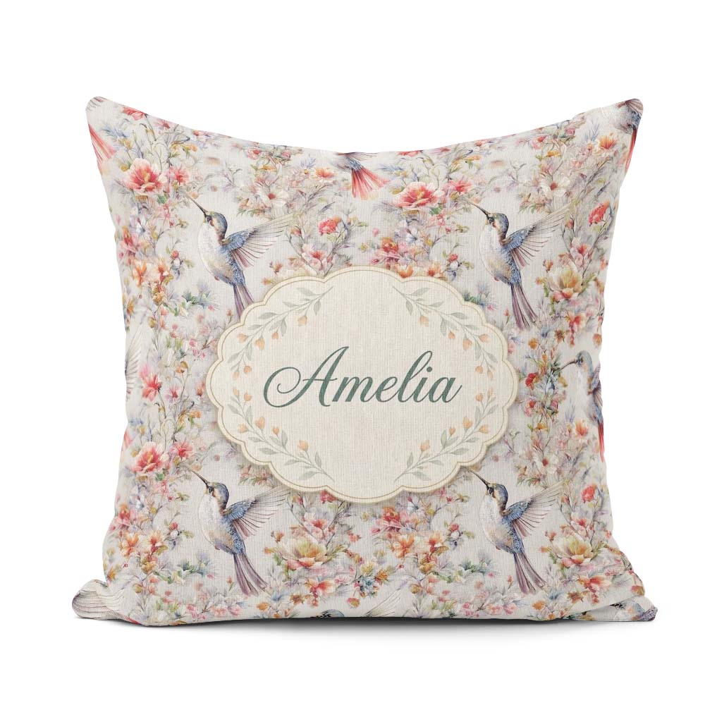 Custom Name Elegant Hummingbird with Floral Bloom Garden Pattern Square Filled Cushion Throw Pillow Sofa Bed Home Decor Zip Washable UK Made