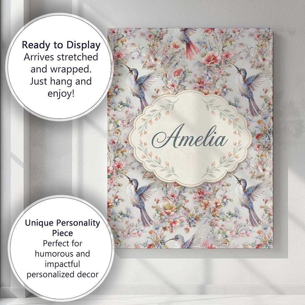 Personalised Name Elegant Hummingbird with Custom Bespoke Contemporary Statement Canvas Wall Art Print Decor Picture Ready to Hang