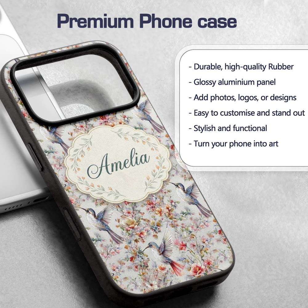 Elegant Hummingbird with Floral Bloom Garden Custom Name Protective Phone Case Mobile Cover Durable Everyday Smartphone Shock Resistant