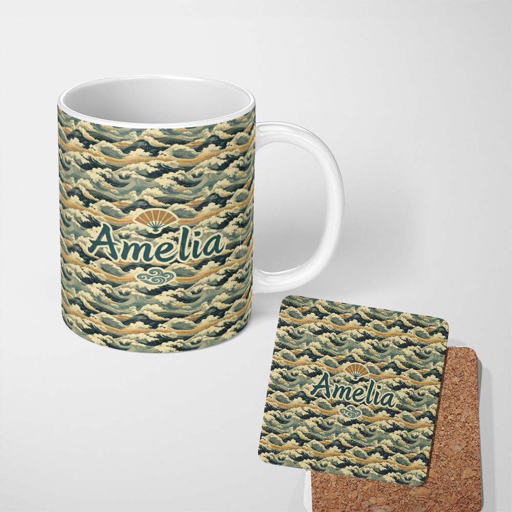 Personalized Custom Name Vintage Ocean Waves Japanese Style Seamless Pattern Name Cute 11oz Ceramic Coffee Tea Mug White Large Handle