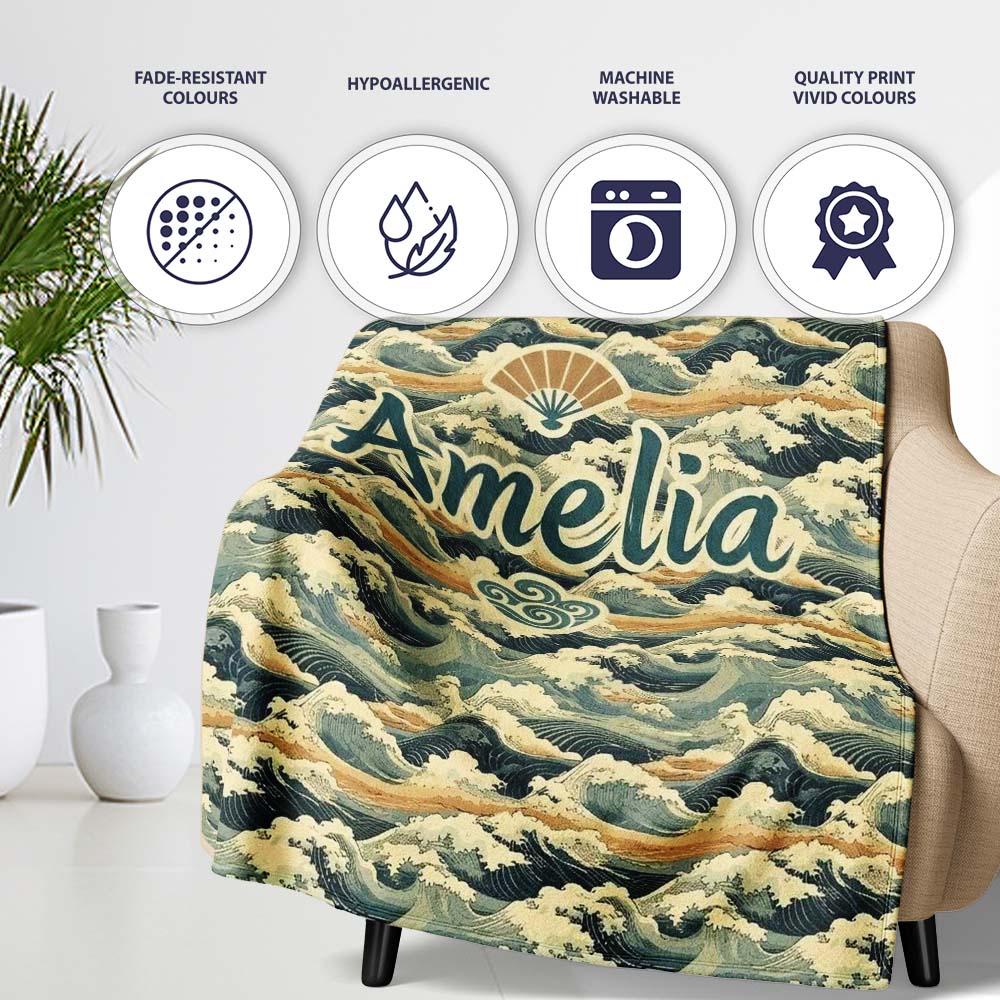 Vintage Ocean Waves Japanese Style Seamless Pattern Name Cute Personalised Custom Name Super Soft Fleece Blanket Bed Sofa Throw