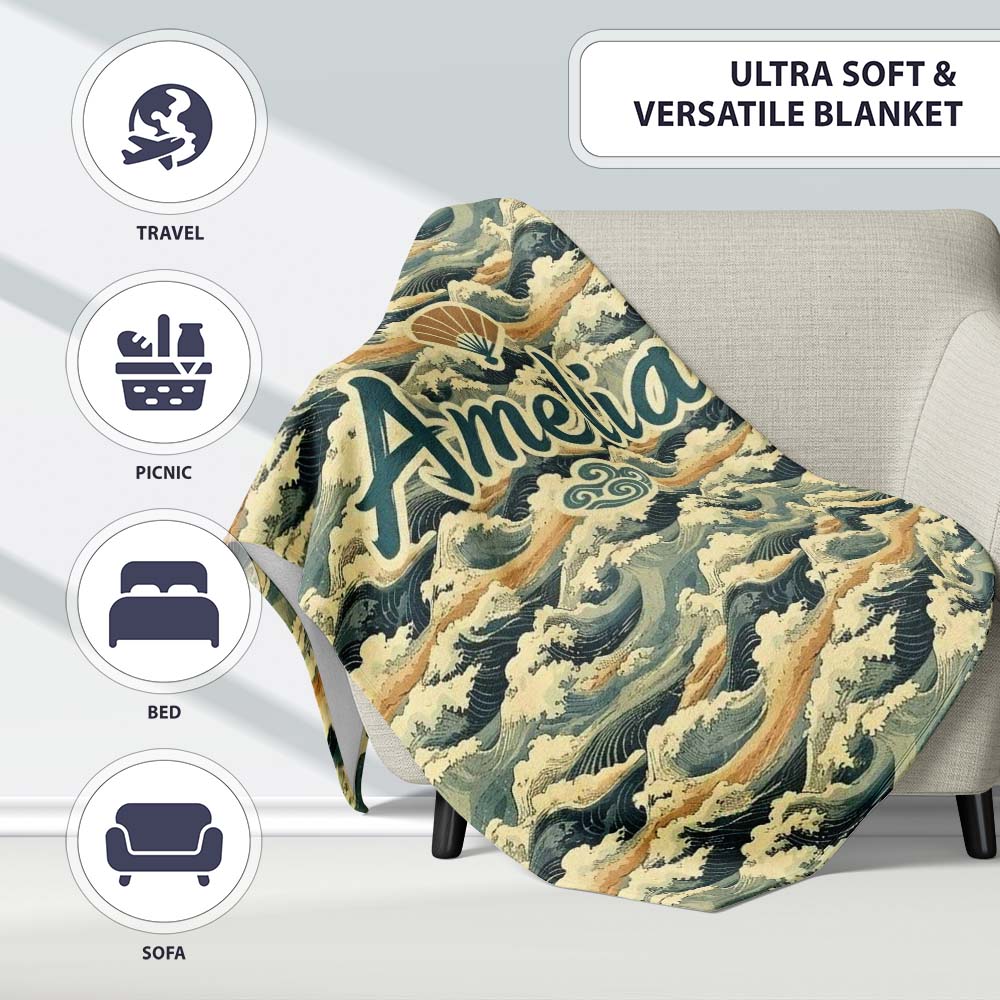 Vintage Ocean Waves Japanese Style Seamless Pattern Name Cute Personalised Custom Name Super Soft Fleece Blanket Bed Sofa Throw