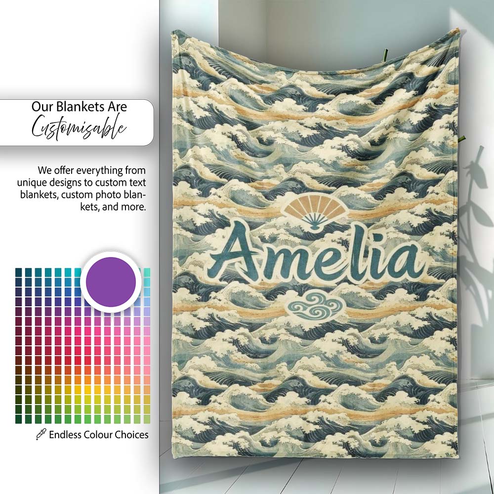Vintage Ocean Waves Japanese Style Seamless Pattern Name Cute Personalised Custom Name Super Soft Fleece Blanket Bed Sofa Throw