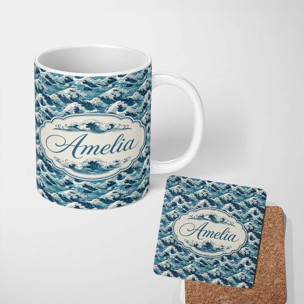 Personalized Custom Name Blue Ocean Waves Japanese Inspired Seamless Pattern Name Cute 11oz Ceramic Coffee Tea Mug White Large Handle