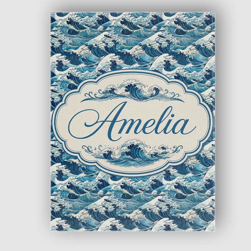 Personalised Name Blue Ocean Waves Japanese Custom Bespoke Interior Contemporary Canvas Wall Art Print Decor Picture Ready to Hang