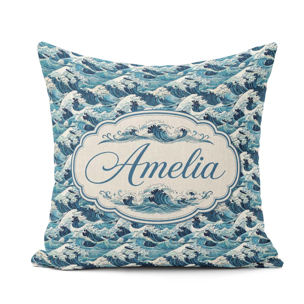 Custom Name Blue Ocean Waves Japanese Inspired Pattern Name Cute Square Filled Cushion Throw Pillow Sofa Bed Home Decor Zip Washable UK Made