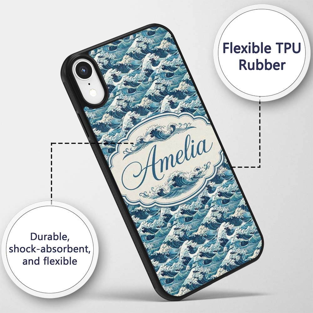 Blue Ocean Waves Japanese Inspired Printed Design Custom Name Protective Phone Case Mobile Cover Durable Everyday Smartphone Shock Resistant