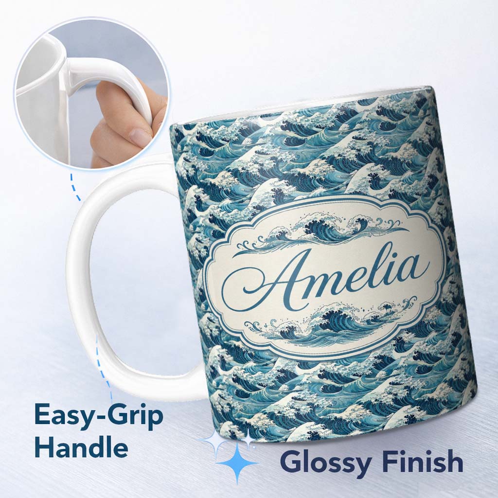 Personalized Custom Name Blue Ocean Waves Japanese Inspired Seamless Pattern Name Cute 11oz Ceramic Coffee Tea Mug White Large Handle