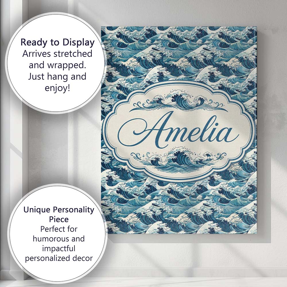 Personalised Name Blue Ocean Waves Japanese Custom Bespoke Interior Contemporary Canvas Wall Art Print Decor Picture Ready to Hang
