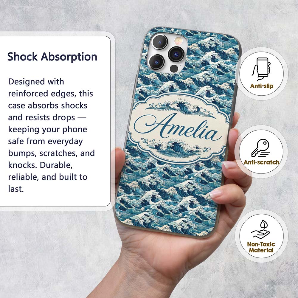 Blue Ocean Waves Japanese Inspired Printed Design Custom Name Protective Phone Case Mobile Cover Durable Everyday Smartphone Shock Resistant