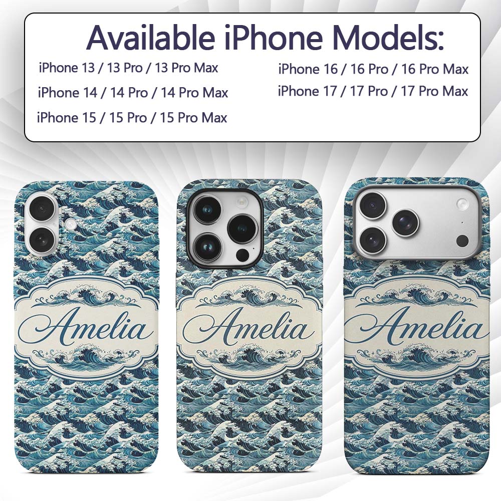Blue Ocean Waves Japanese Inspired Printed Design Custom Name Protective Phone Case Mobile Cover Durable Everyday Smartphone Shock Resistant