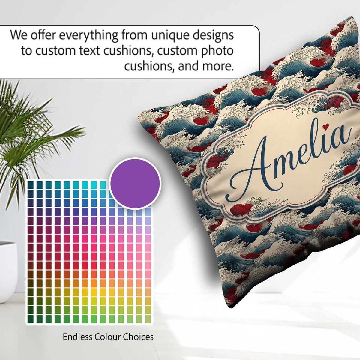 Custom Name Japanese Ocean Waves with Red Accents Seamless Name Square Filled Cushion Throw Pillow Sofa Bed Home Decor Zip Washable UK Made