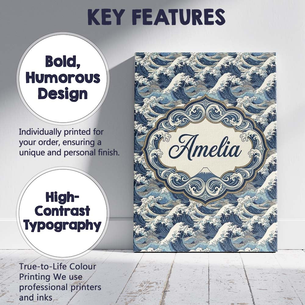 Personalised Name Classic Blue Japanese Custom Modern Room Accent Elegant Feature Canvas Wall Art Print Decor Picture Ready to Hang