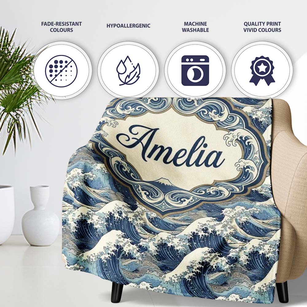 Classic Blue Japanese Ocean Waves Seamless Pattern Name Cute Unique Personalised Custom Name Super Soft Fleece Blanket Bed Sofa Throw
