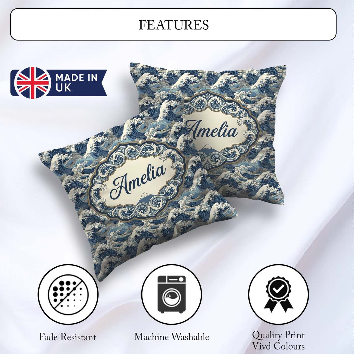 Custom Name Classic Blue Japanese Ocean Waves Seamless Name Cute Square Filled Cushion Throw Pillow Sofa Bed Home Decor Zip Washable UK Made