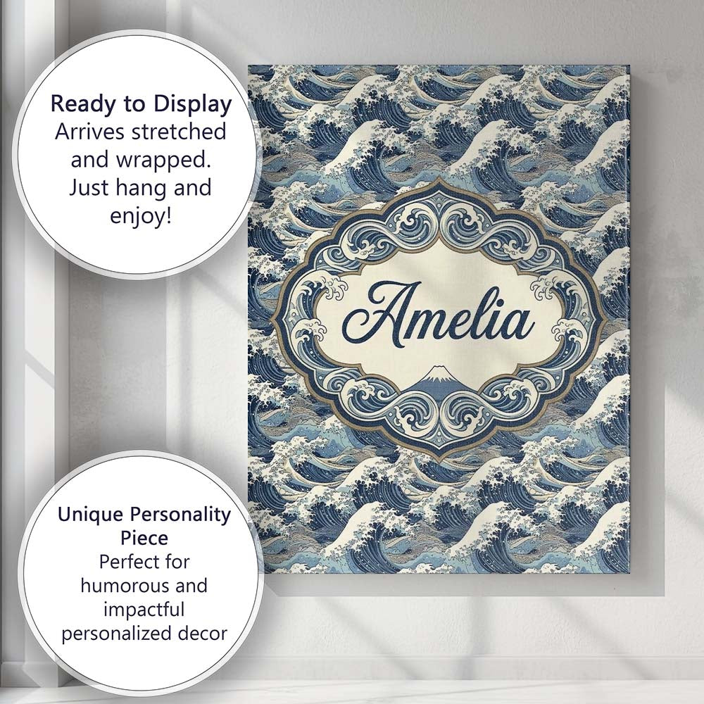 Personalised Name Classic Blue Japanese Custom Modern Room Accent Elegant Feature Canvas Wall Art Print Decor Picture Ready to Hang