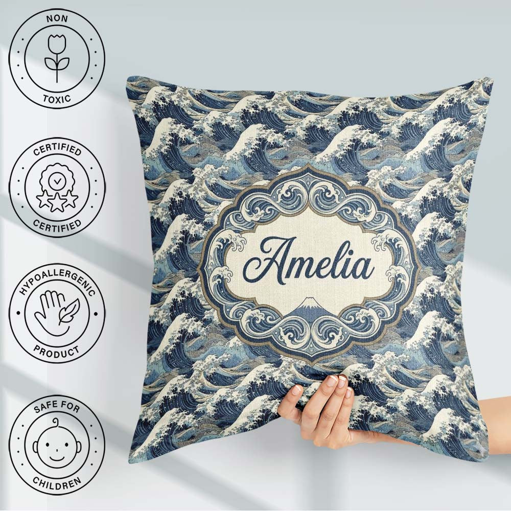 Custom Name Classic Blue Japanese Ocean Waves Seamless Name Cute Square Filled Cushion Throw Pillow Sofa Bed Home Decor Zip Washable UK Made