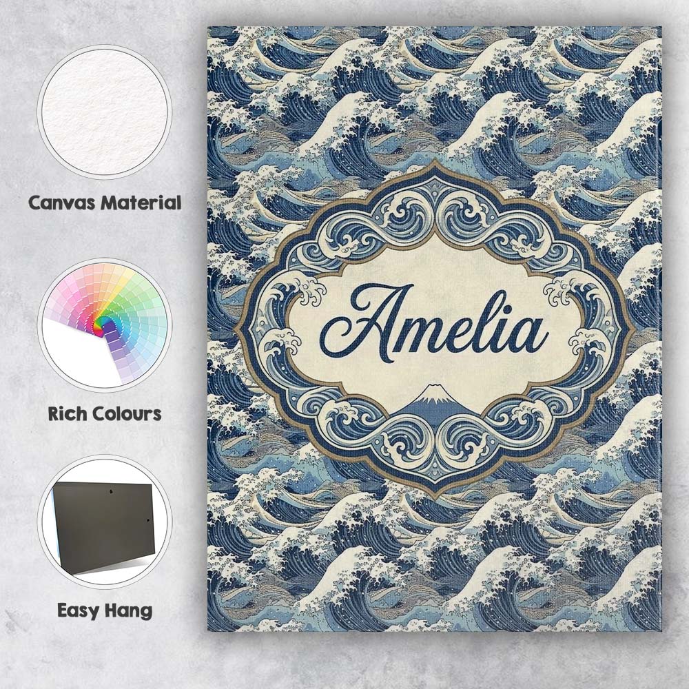 Personalised Name Classic Blue Japanese Custom Modern Room Accent Elegant Feature Canvas Wall Art Print Decor Picture Ready to Hang