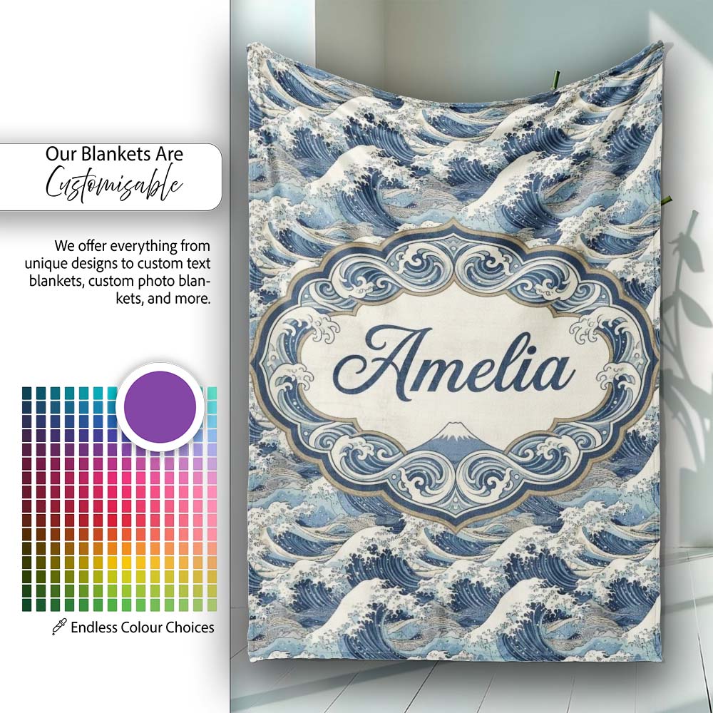 Classic Blue Japanese Ocean Waves Seamless Pattern Name Cute Unique Personalised Custom Name Super Soft Fleece Blanket Bed Sofa Throw