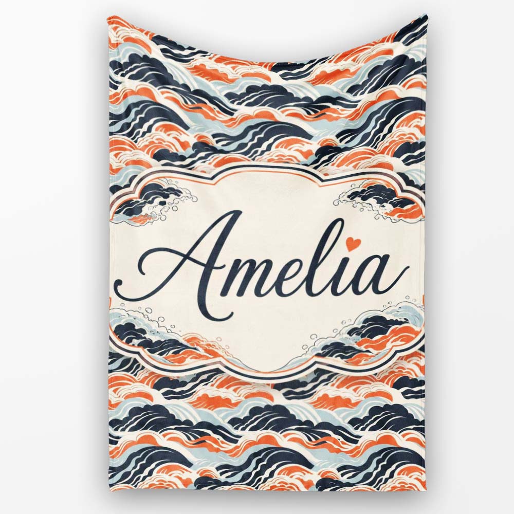 Modern Orange and Navy Ocean Waves Seamless Pattern Name Cute Personalised Custom Name Super Soft Fleece Blanket Bed Sofa Throw