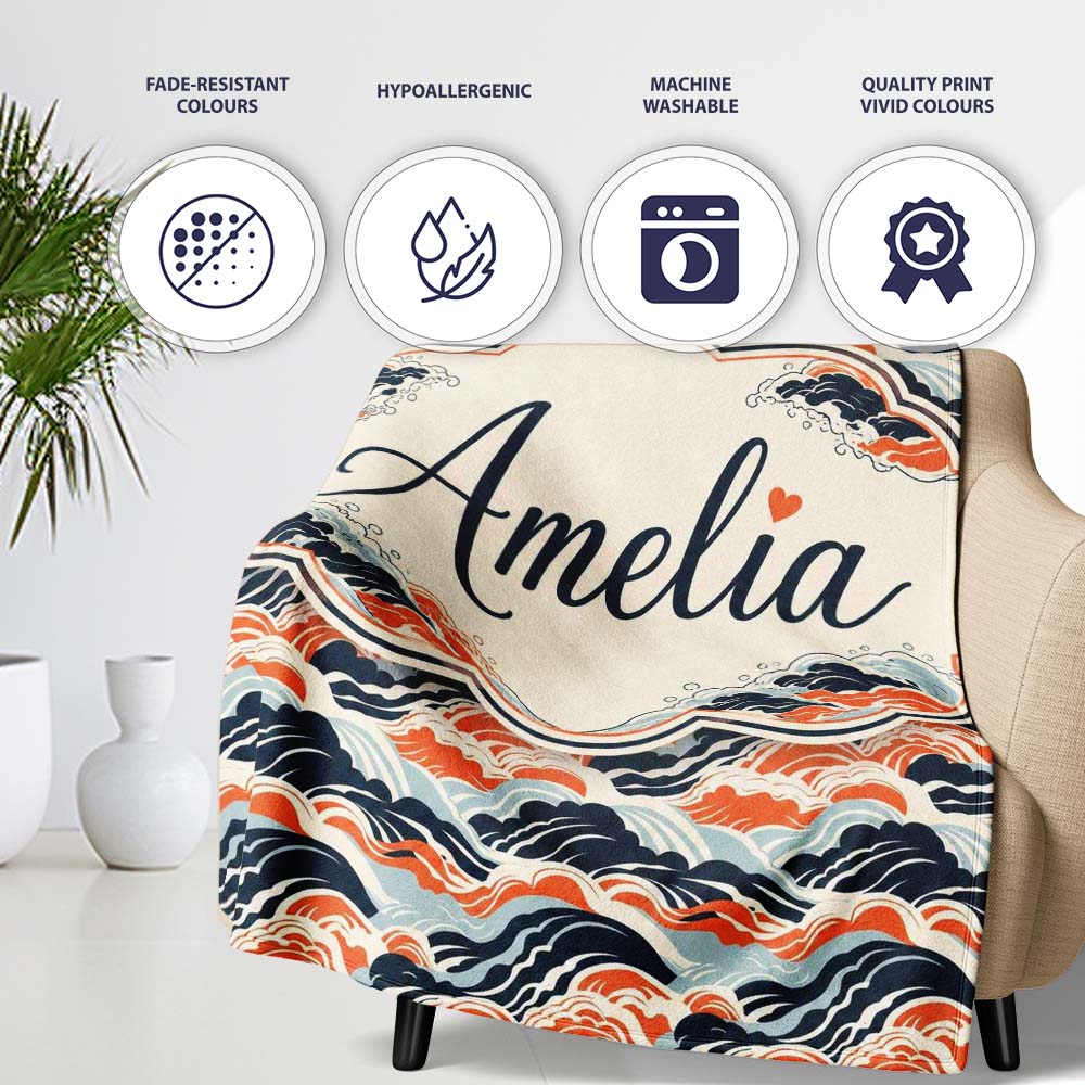Modern Orange and Navy Ocean Waves Seamless Pattern Name Cute Personalised Custom Name Super Soft Fleece Blanket Bed Sofa Throw