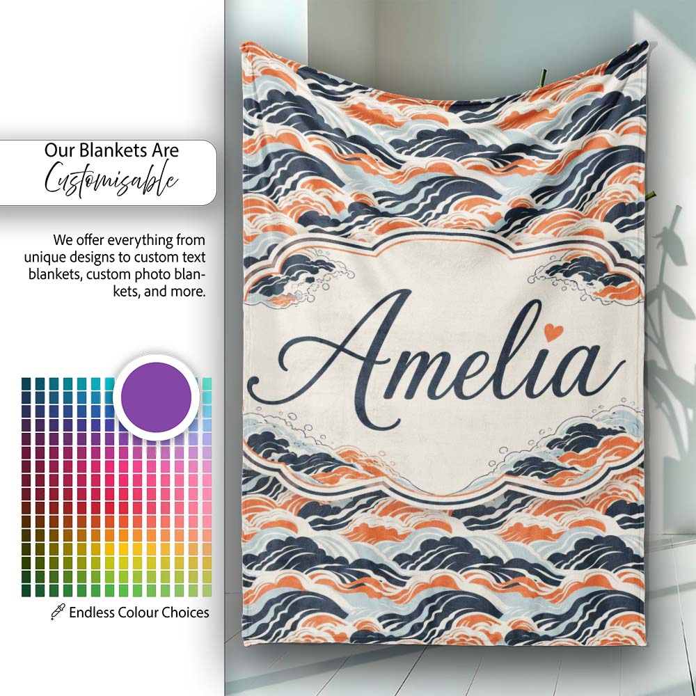 Modern Orange and Navy Ocean Waves Seamless Pattern Name Cute Personalised Custom Name Super Soft Fleece Blanket Bed Sofa Throw