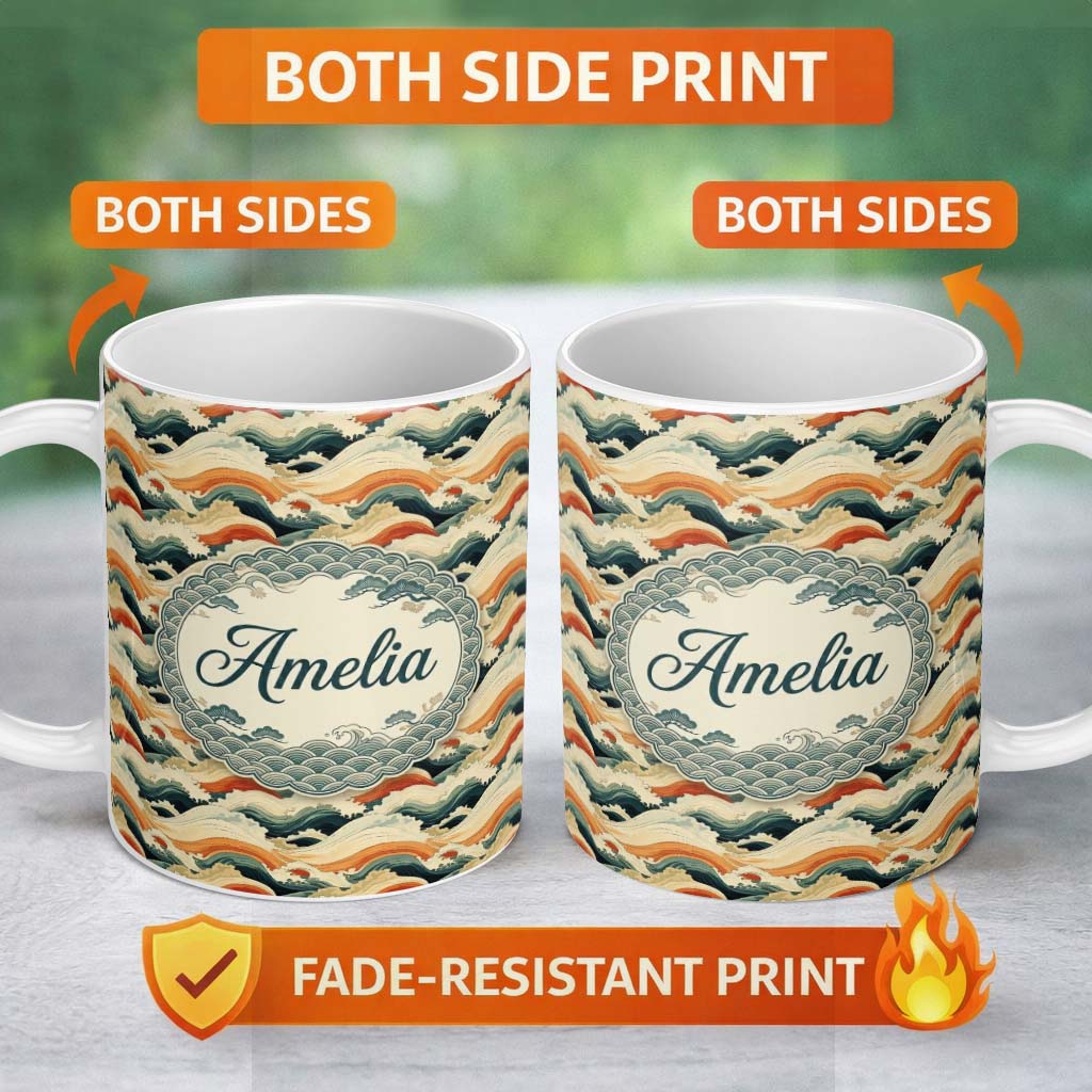 Personalized Custom Name Style Ocean Waves with Warm Tones Seamless Pattern Name Cute Unique 11oz Ceramic Coffee Tea Mug White Large Handle
