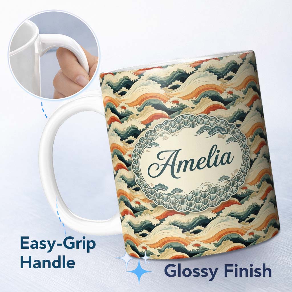 Personalized Custom Name Style Ocean Waves with Warm Tones Seamless Pattern Name Cute Unique 11oz Ceramic Coffee Tea Mug White Large Handle