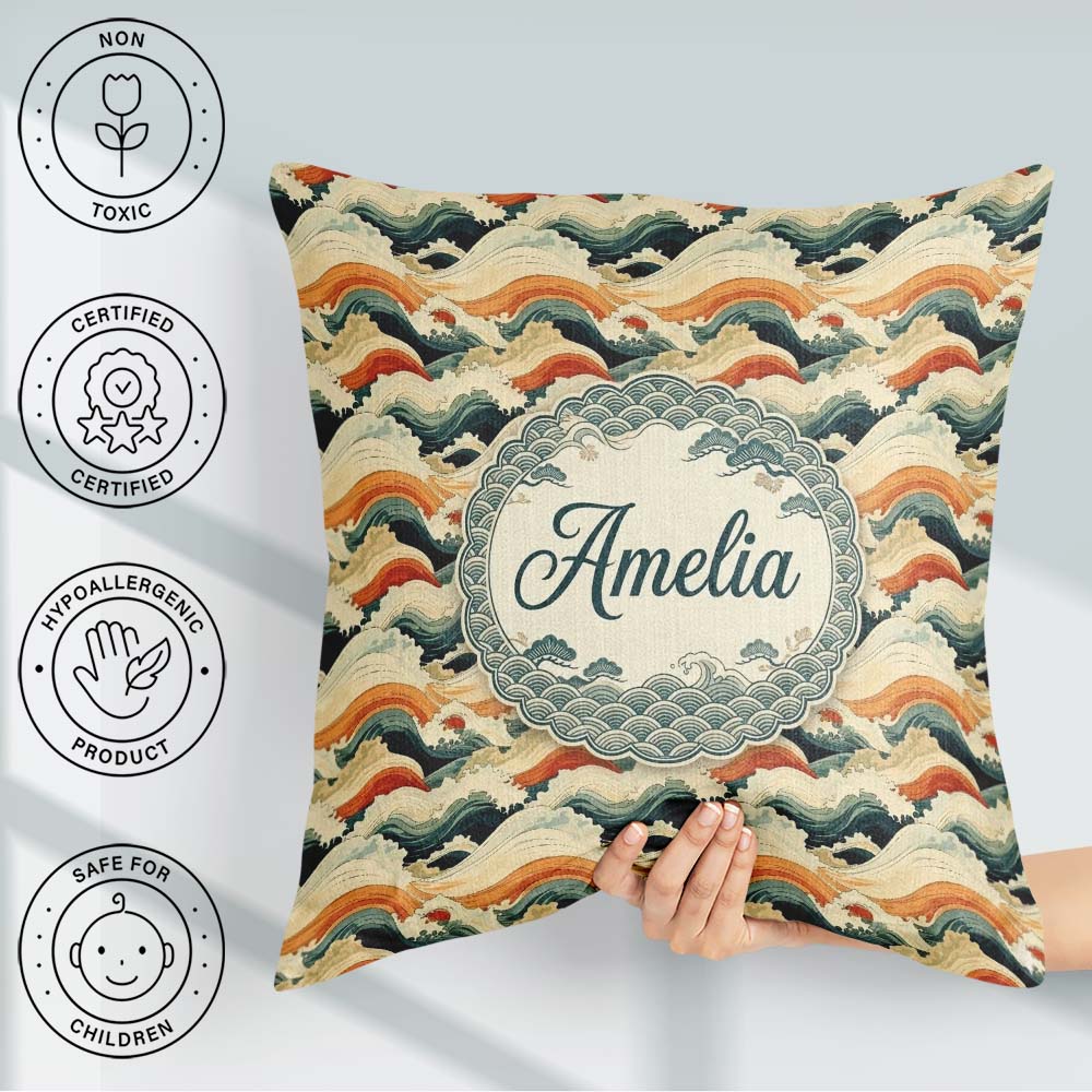 Custom Name Style Ocean Waves with Warm Tones Seamless Name Cute Square Filled Cushion Throw Pillow Sofa Bed Home Decor Zip Washable UK Made