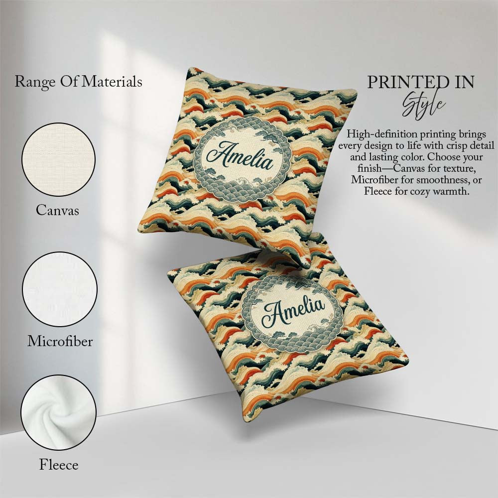 Custom Name Style Ocean Waves with Warm Tones Seamless Name Cute Square Filled Cushion Throw Pillow Sofa Bed Home Decor Zip Washable UK Made