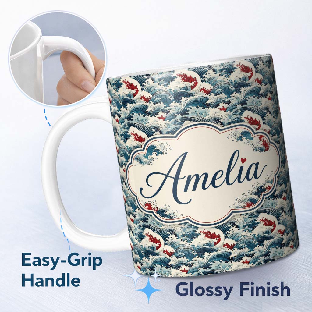 Personalized Custom Name Traditional Japanese Wave Art with Red Details Seamless Pattern 11oz Ceramic Coffee Tea Mug White Large Handle