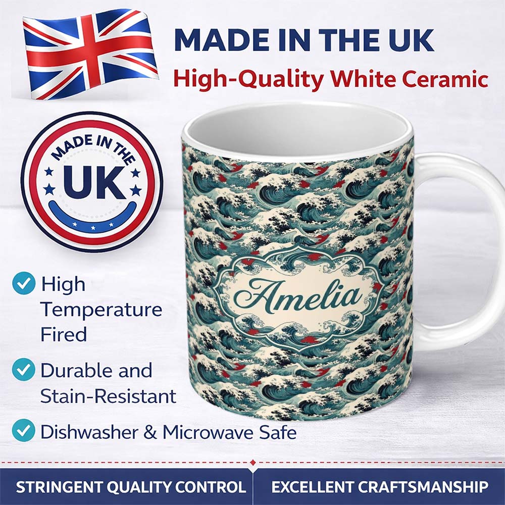 Personalized Custom Name Vintage Ocean Waves with Deep Blue Tones Seamless Pattern Custom 11oz Ceramic Coffee Tea Mug White Large Handle
