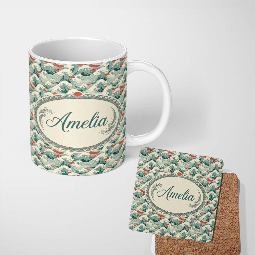 Personalized Custom Name Stylized Ocean Waves with Soft Green Tones Seamless Pattern Name 11oz Ceramic Coffee Tea Mug White Large Handle