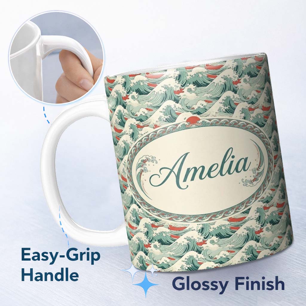 Personalized Custom Name Stylized Ocean Waves with Soft Green Tones Seamless Pattern Name 11oz Ceramic Coffee Tea Mug White Large Handle