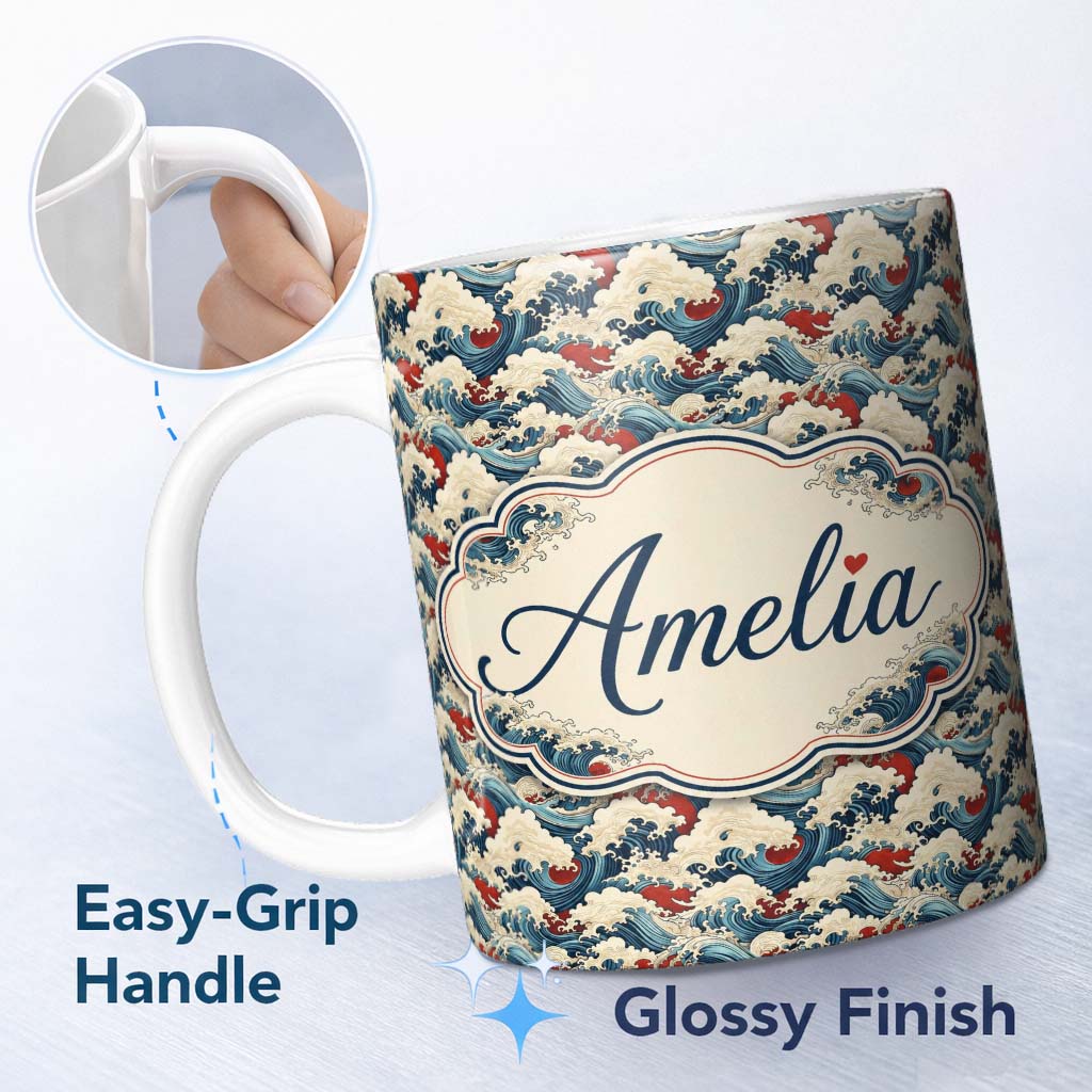 Personalized Custom Name Detailed Japanese Wave Pattern with Bold Contrast Seamless Name Cute 11oz Ceramic Coffee Tea Mug White Large Handle