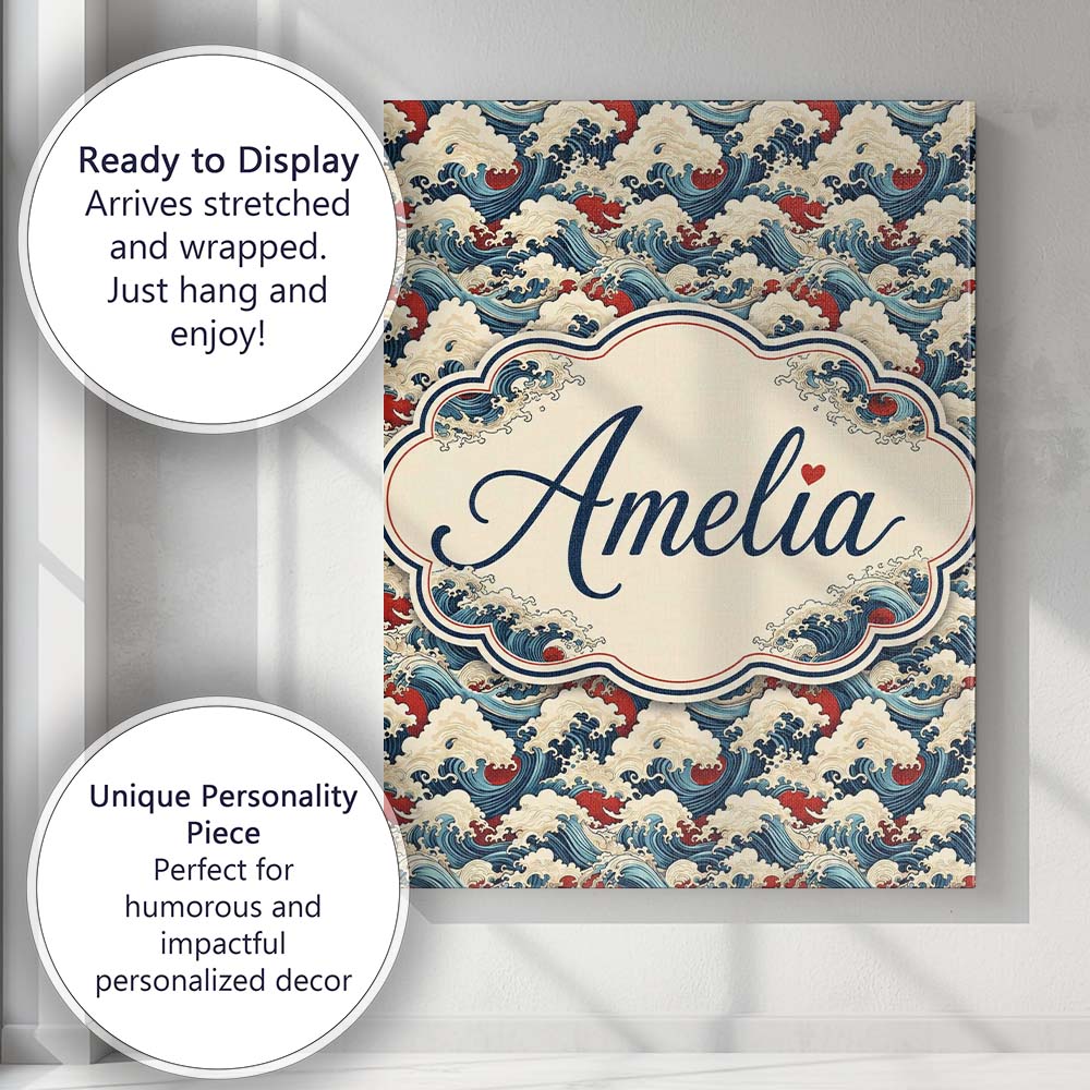 Personalised Name Detailed Japanese Wave Custom Unique Gift Idea Elegant Feature Canvas Wall Art Print Decor Picture Ready to Hang