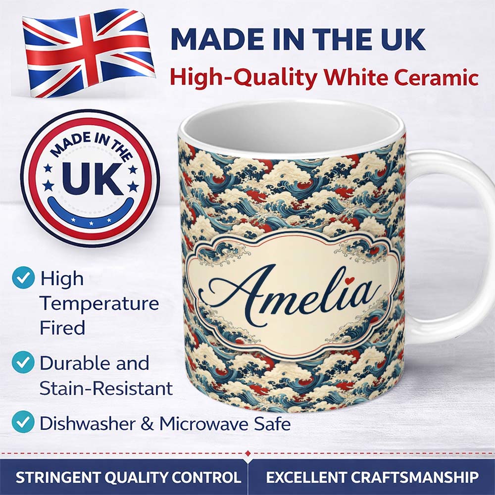 Personalized Custom Name Detailed Japanese Wave Pattern with Bold Contrast Seamless Name Cute 11oz Ceramic Coffee Tea Mug White Large Handle