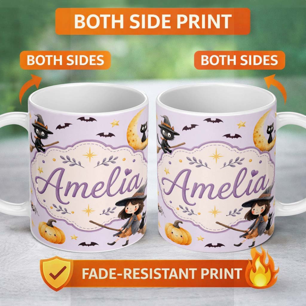 Personalized Custom Name Halloween Witch Cat Moon Stars Spooky Night Lilac Seamless Pattern 11oz Ceramic Coffee Tea Mug White Large Handle
