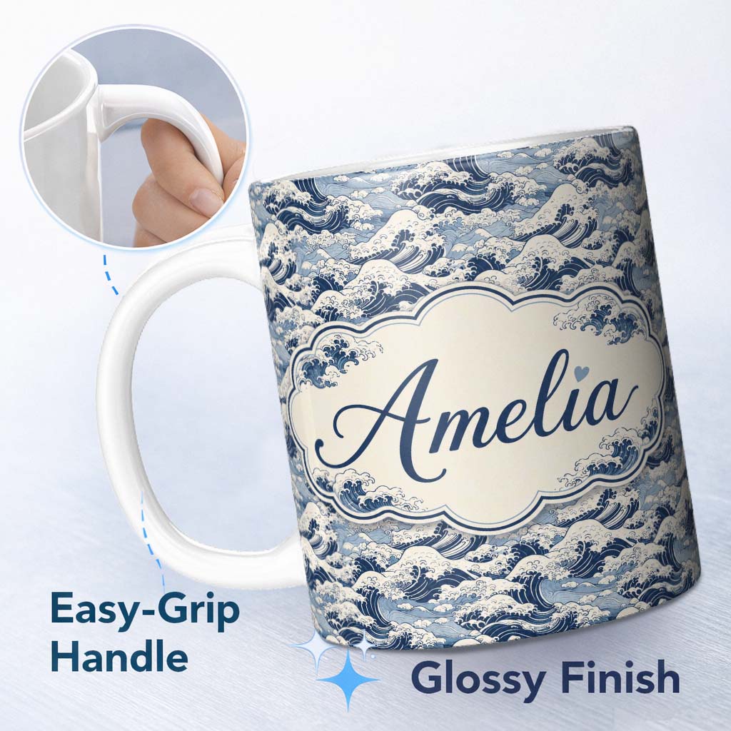 Personalized Custom Name Classic Blue Japanese Ocean Waves Seamless Pattern Name Cute Unique 11oz Ceramic Coffee Tea Mug White Large Handle