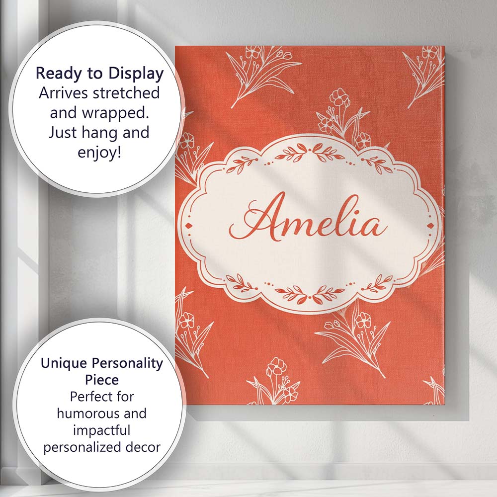 Personalised Name Minimal White Floral Line Orange Background Custom Home Unique Canvas Wall Art Print Decor Picture Ready to Hang