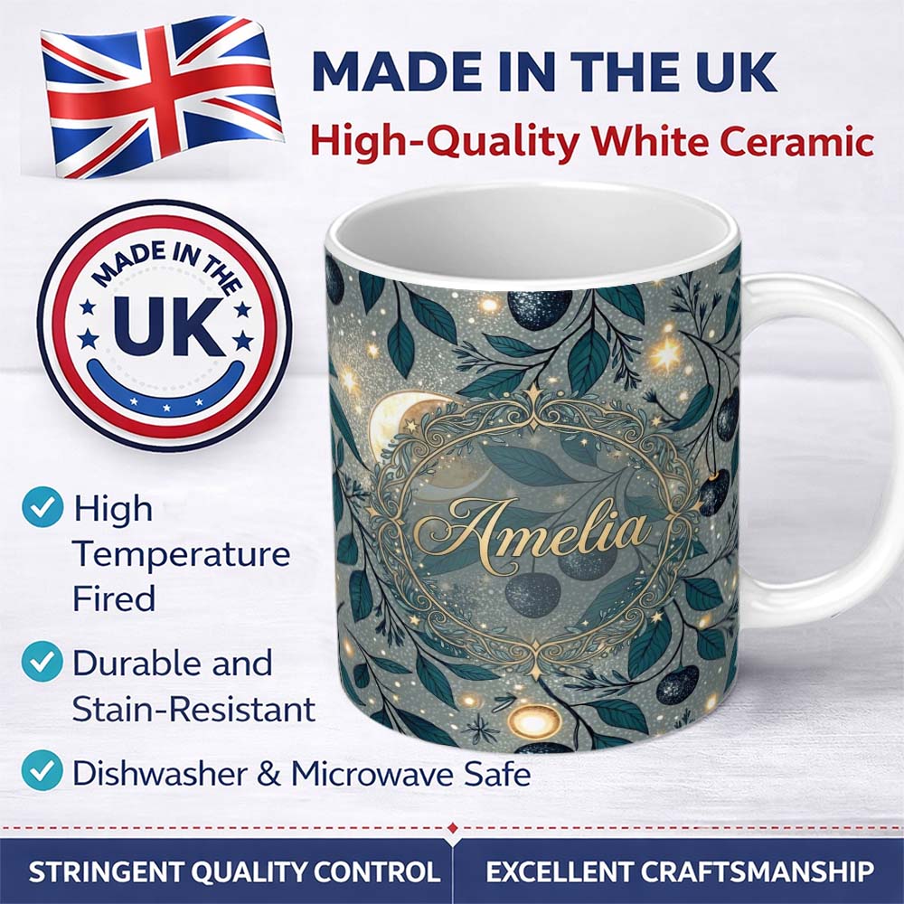 Personalized Custom Name Owl Moon Stars Night Sky Botanical Seamless Pattern Cute Unique Gift 11oz Ceramic Coffee Tea Mug White Large Handle