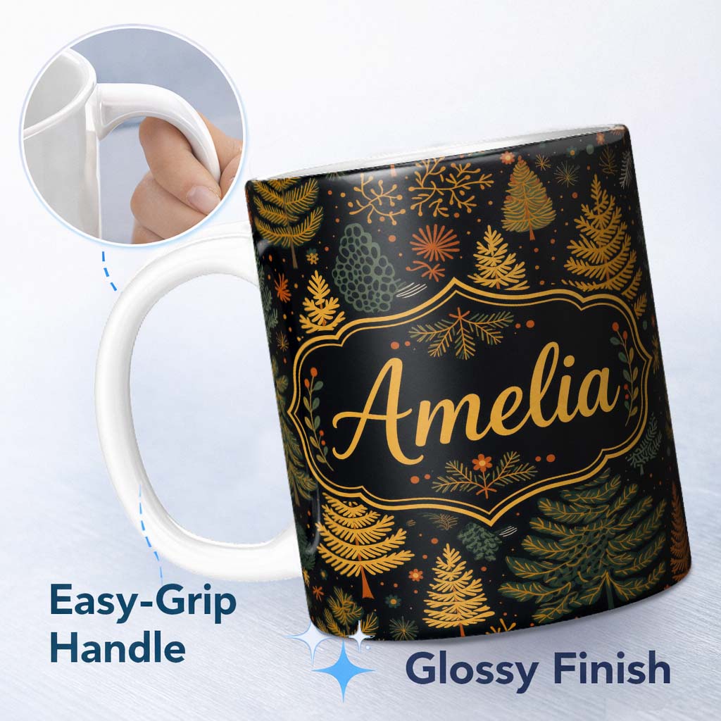 Personalized Custom Name Modern Scandinavian Winter Trees in Gold and Dark Background Lovely 11oz Ceramic Coffee Tea Mug White Large Handle