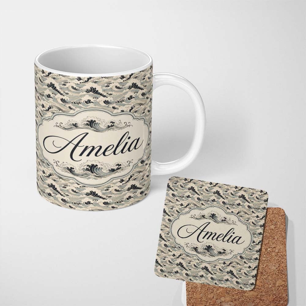 Personalized Custom Name Vintage Neutral Japanese Wave Pattern Seamless Design Name Cute 11oz Ceramic Coffee Tea Mug White Large Handle