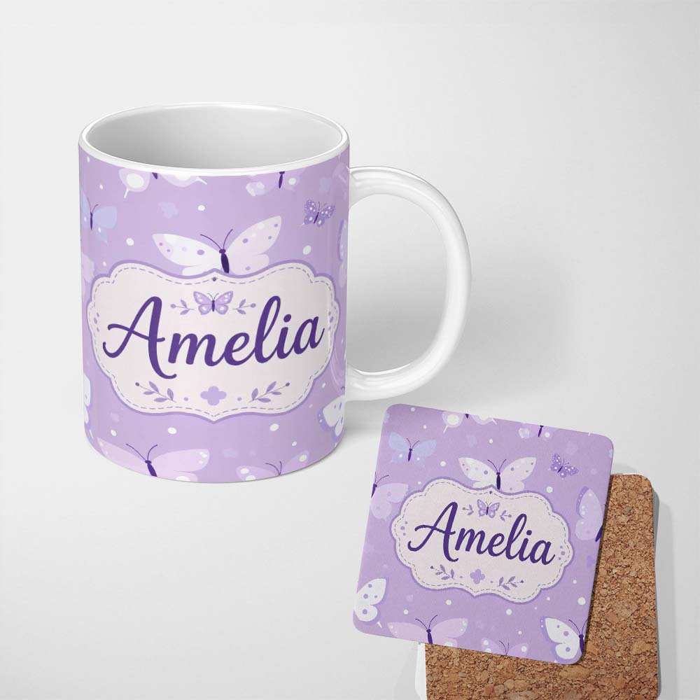 Personalized Custom Name Cute Purple Butterflies with Soft Abstract Background Seamless 11oz Ceramic Coffee Tea Mug White Large Handle