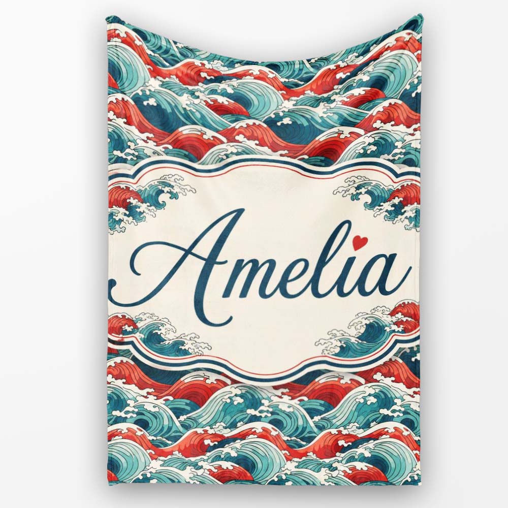 Bold Red and Teal Ocean Waves Seamless Pattern Name Cute Unique Gift Personalised Custom Name Super Soft Fleece Blanket Bed Sofa Throw